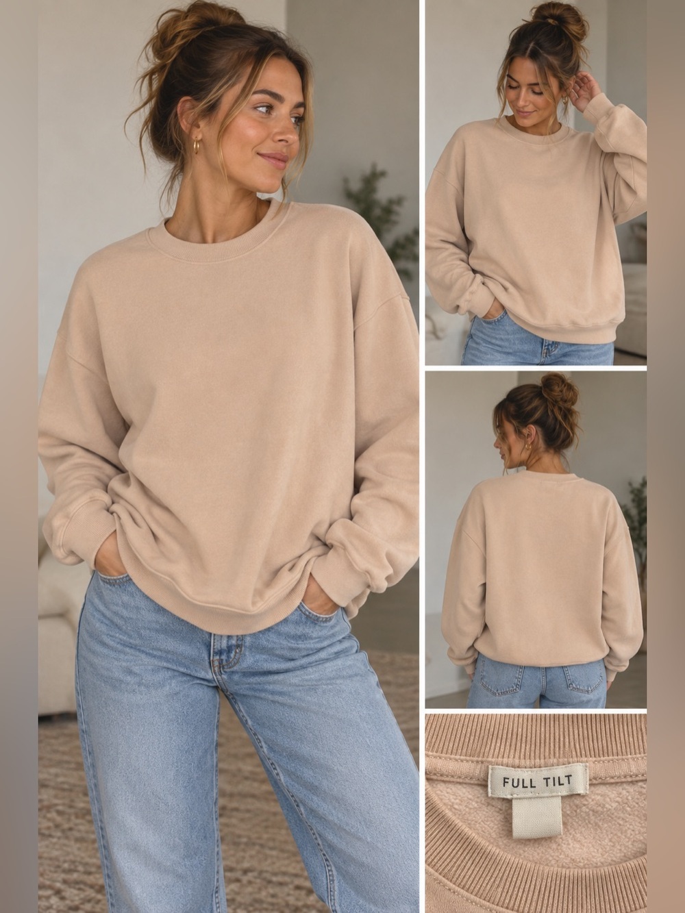 Full Tilt Women's Chunky Warm Crewneck Sweatshirt in Light Beige